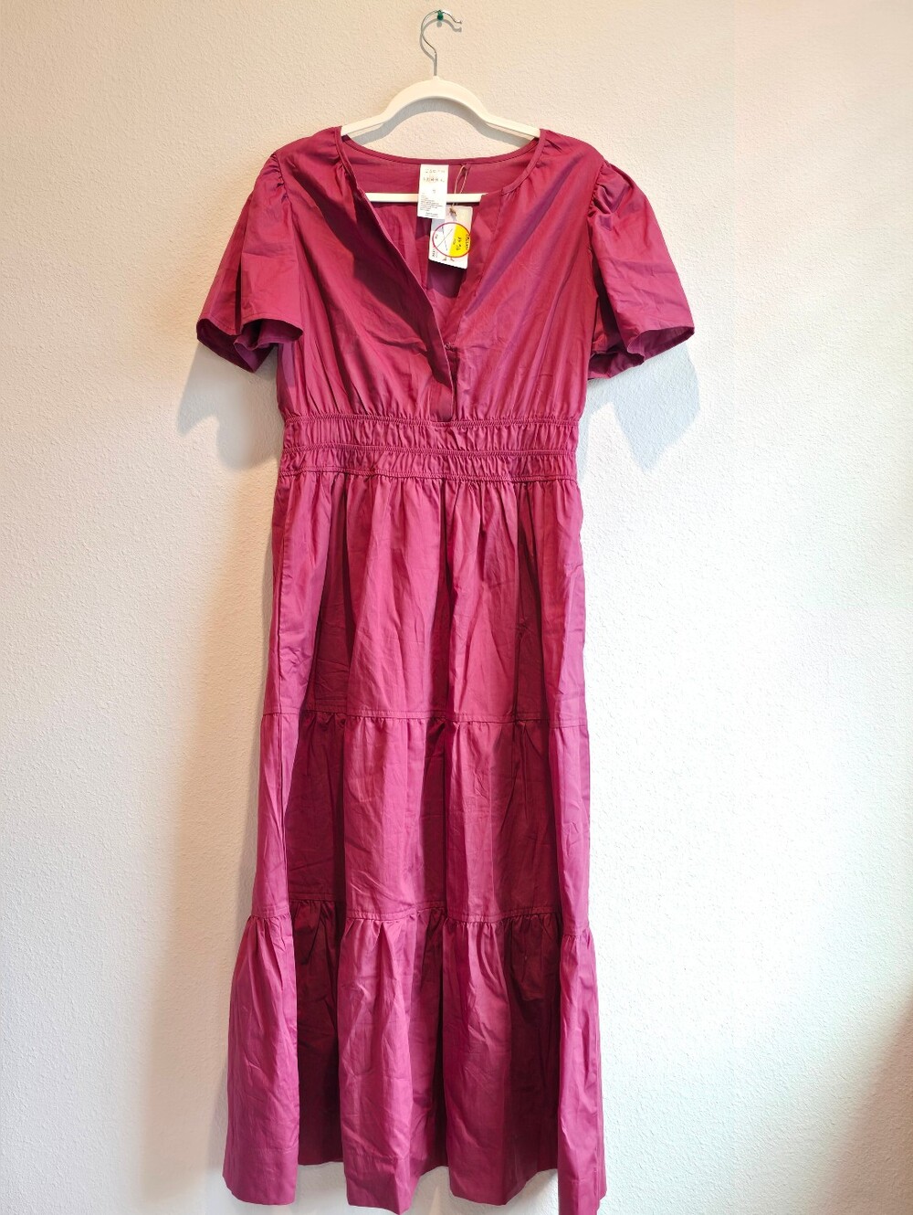Serra 100% Cotton Magenta Tiered V-Neck Maxi Dress